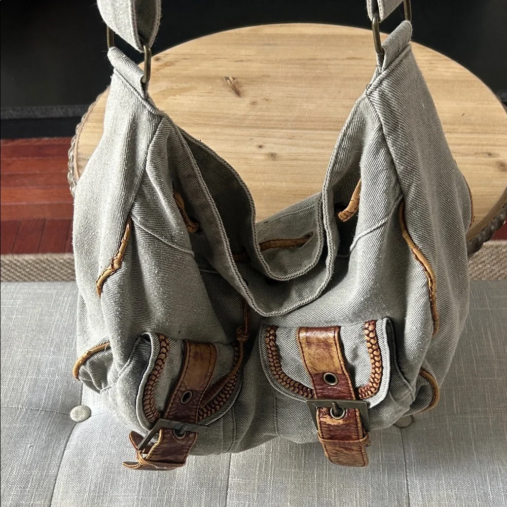 Non Signe Y2K Vintage Green Distressed Denim Double Pocket Messenger Bag